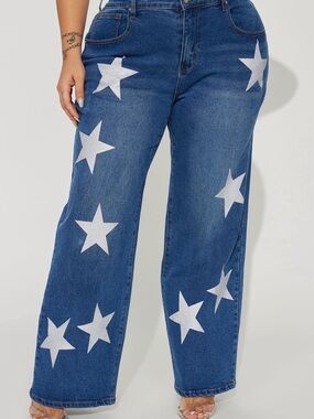 Fashion Nova Plus Star Print Wide-Leg Jeans - Blue